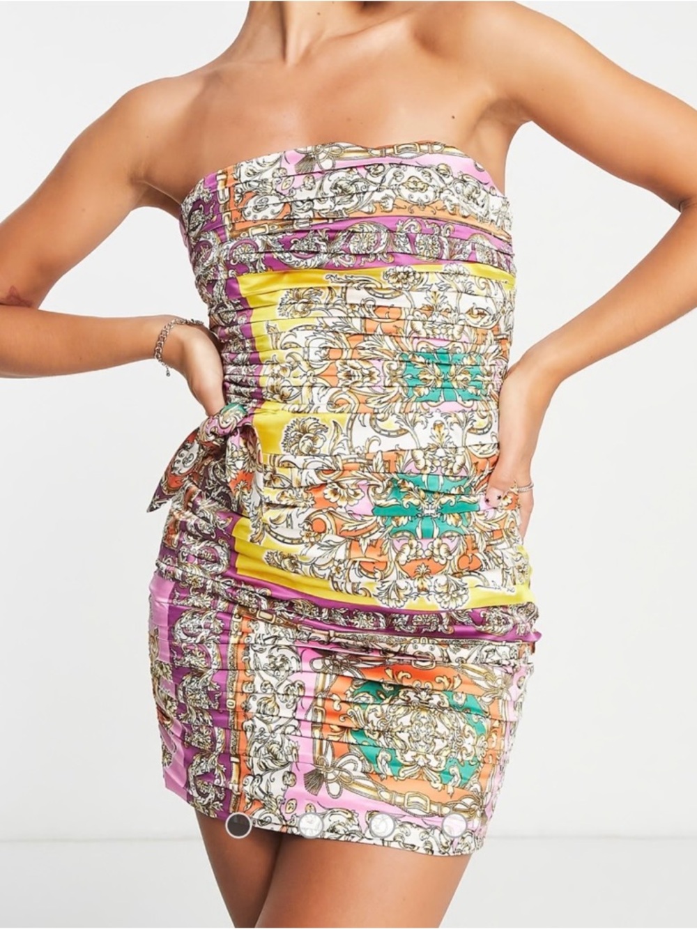 Mango Donna Ruched Baroque Scarf Print Bandeau Strapless Mini Dress NWT US 0